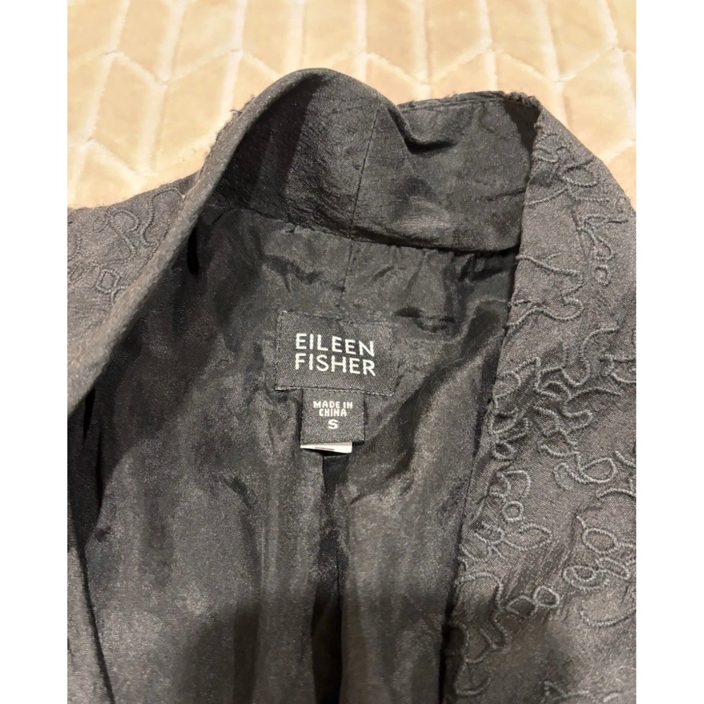 Eileen Fisher Black 100% Silk Embroidered Open Front Jacket Shawl Collar Small - Picture 7 of 12